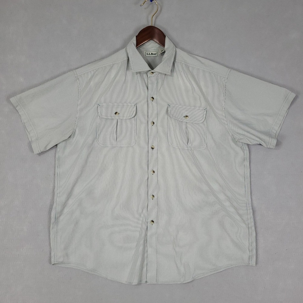 LL Bean Shirt Mens XL Blue White Stripe Short Sleeve Regular Fit Poly 0Y730